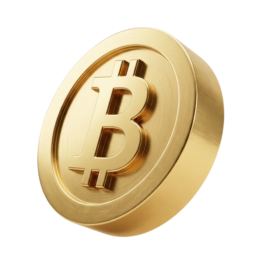A physical gold Bitcoin coin, tilted toward the viewer