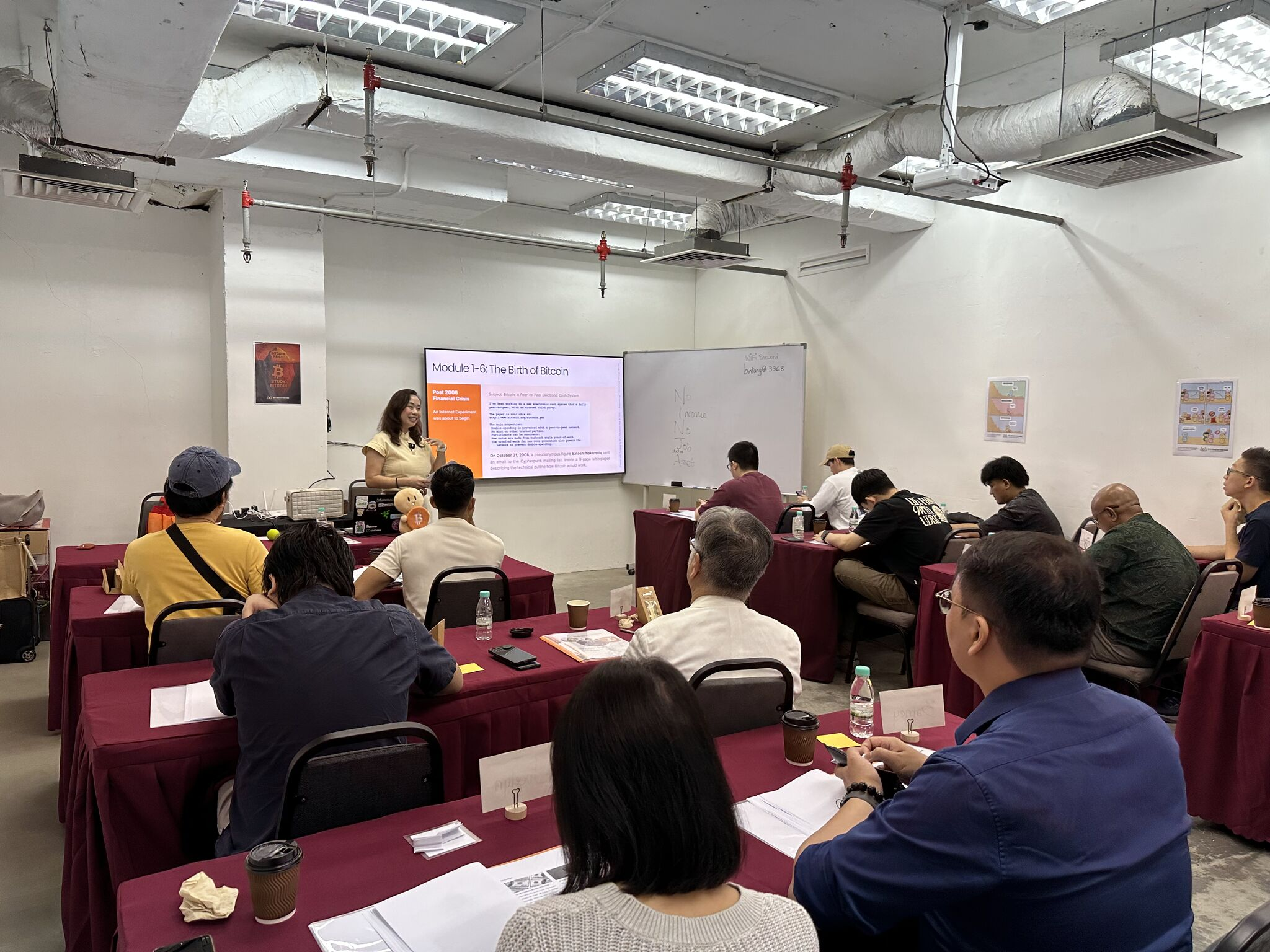 A BTC Education Hub trainer teaching the Birth of Bitcoin module to a class